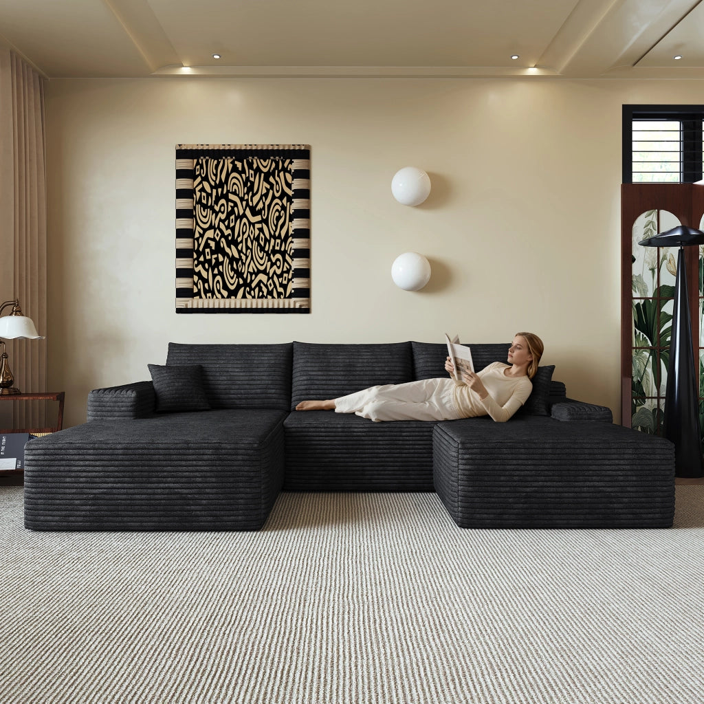 Divano angolare modulare in tessuto a coste con seduta profonda e schiuma elastica nero 270 × 175 × 83 cm