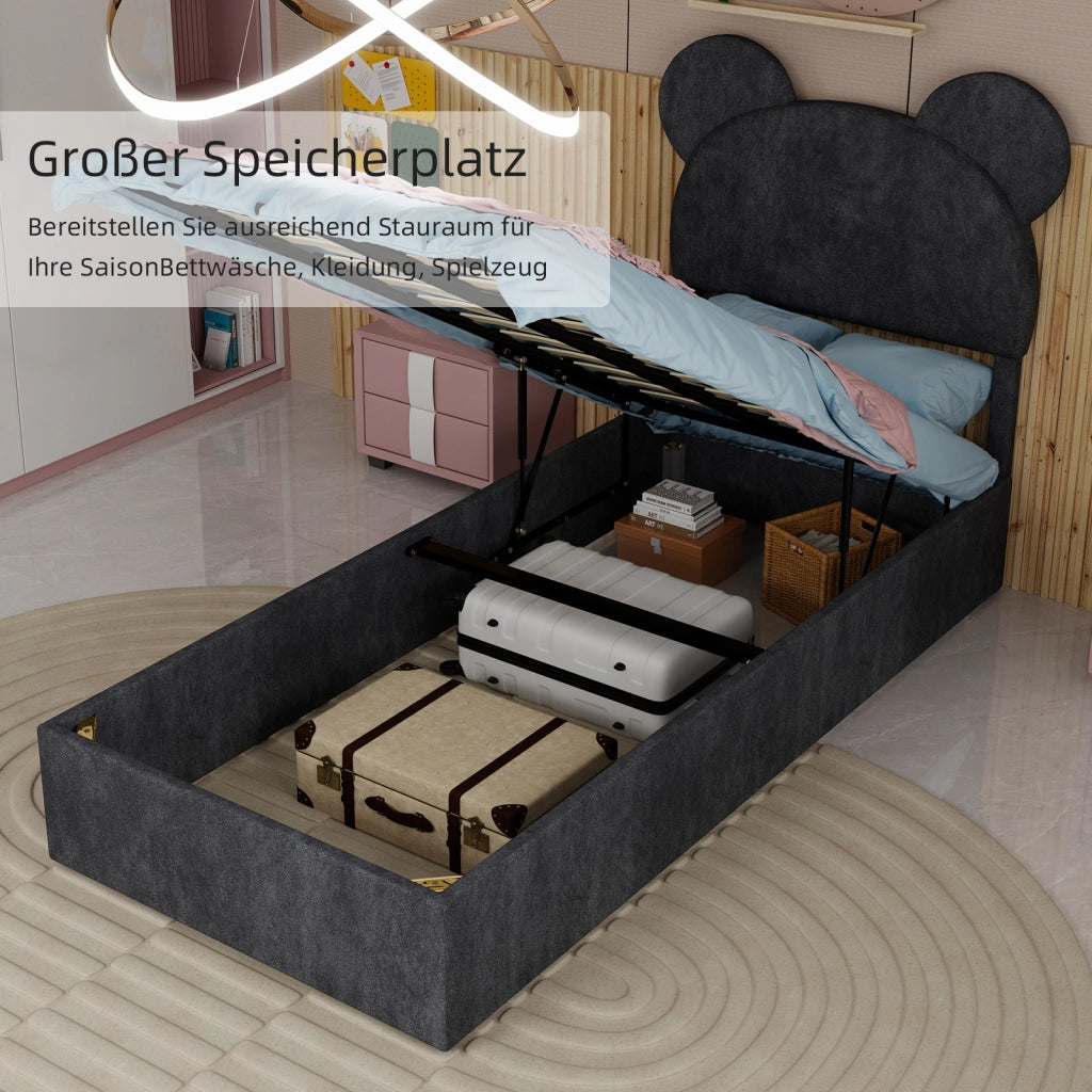 Letto Singolo 90x200 cm con Testiera Sagomata; Contenitore a Sollevamento; Grigio