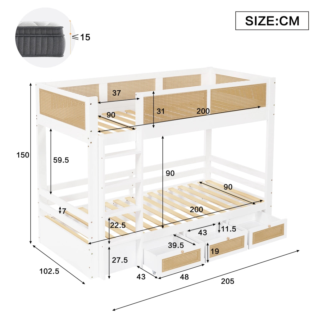OKWISH Letto a Castello 90×200 cm, Letto Singolo con 3 Cassetti, Scala e Sponde di Sicurezza, senza Materasso, in Legno, Bianco e Naturale