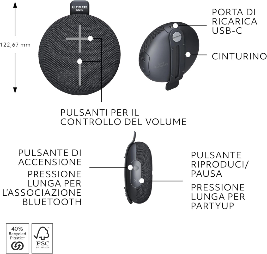 Ultimate Ears MINIROLL Altoparlante Bluetooth impermeabile ultraportatile, bassi potenti, resistente alla polvere IP67, raggio d’azione di 40 m - Nero