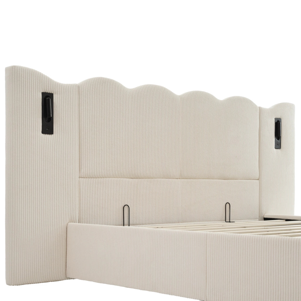 Letto contenitore 180x200 cm con lampada da lettura e USB C; velluto a coste beige