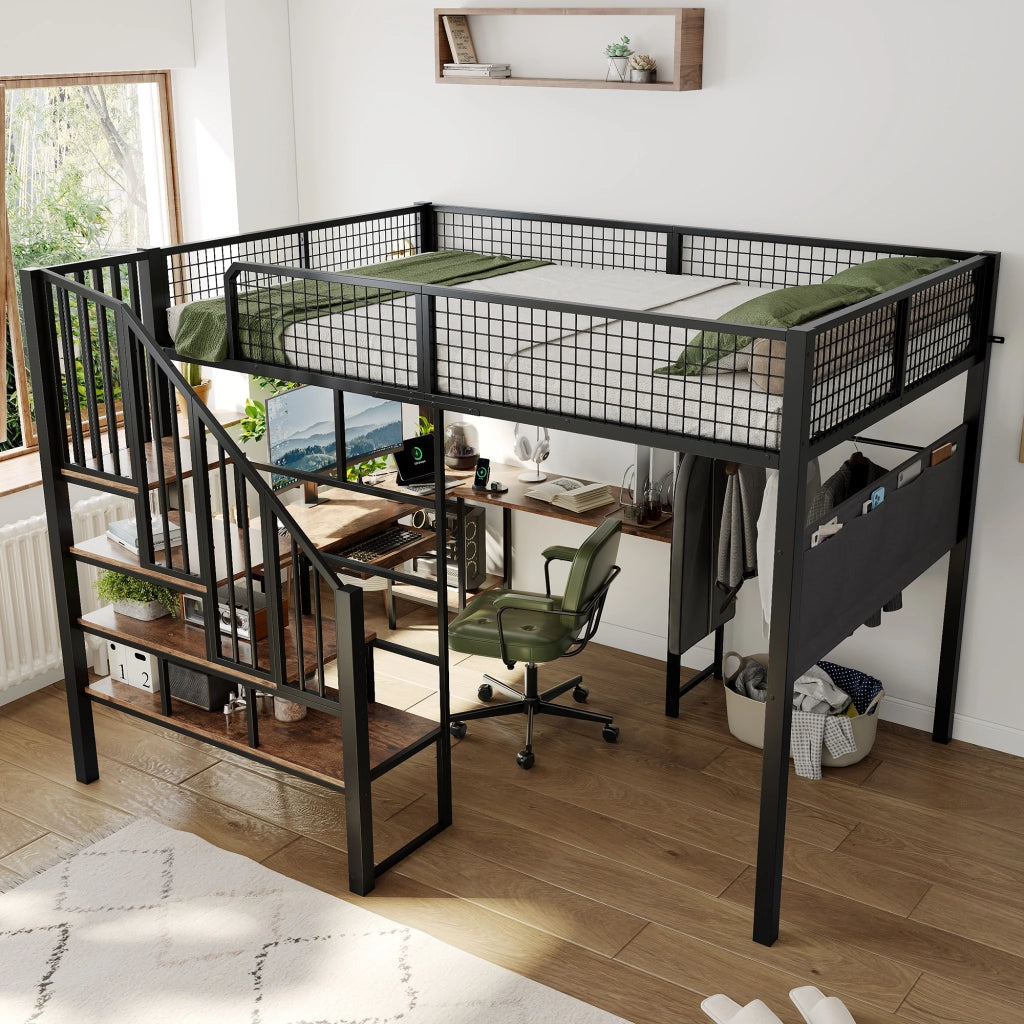 letto alto in metallo e legno nero 140 x 200 cm