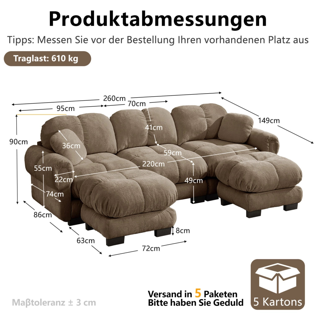 Divano modulare a U o L 260x149x90 cm in chenille marrone con pouf mobile
