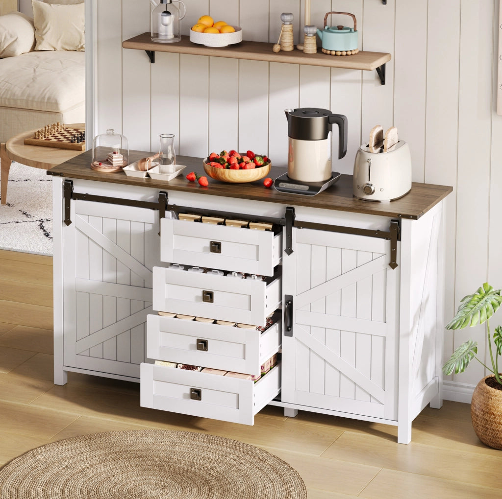 Credenza 137x40x81.5 cm con ante scorrevoli e 4 cassetti; MDF bianco