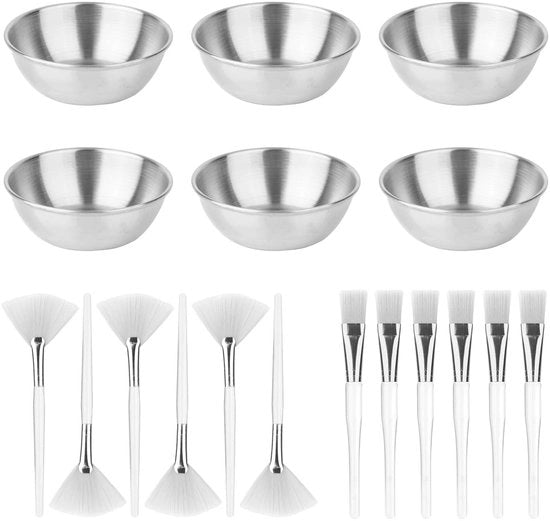 Kit di trattamento viso 18 pezzi - Mangiatoia in acciaio inossidabile - Spazzole a ventaglio - Spazzole per maschera viso piatta - Per estetisti - Materiale duraturo - Set di trattamento viso