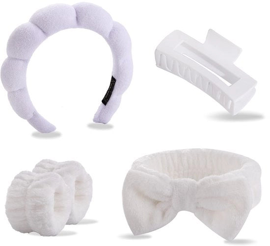 Set di asciugamani per viso morbidi con fascia per polso, fascia per viso antiscivolo, fascia per capelli, clip per capelli, fascia per polso, adatto per la cura della pelle e la truccatura, bianco