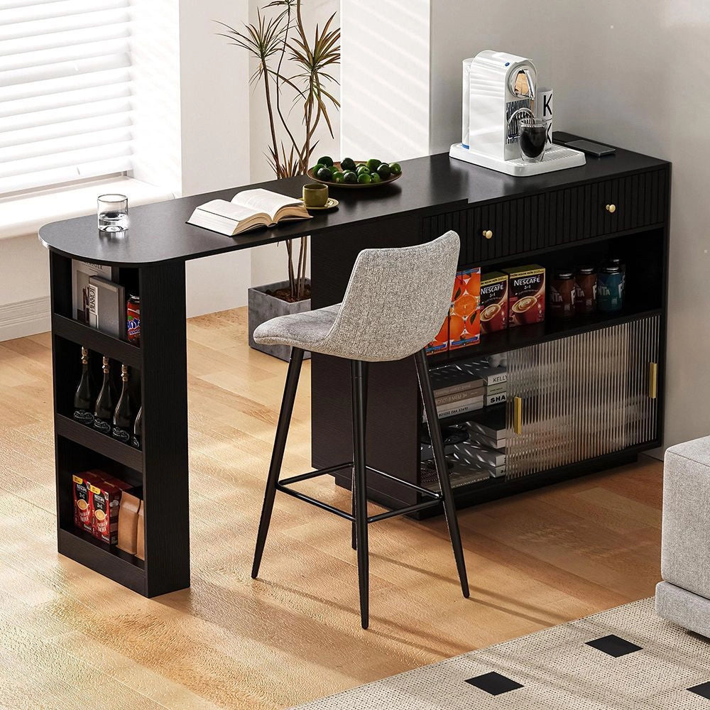 Tavolo bar estensibile girevole 360¡ã - Xylo - LED, spazio di archiviazione, buffet reversibile con pannello forato e prese elettriche, nero