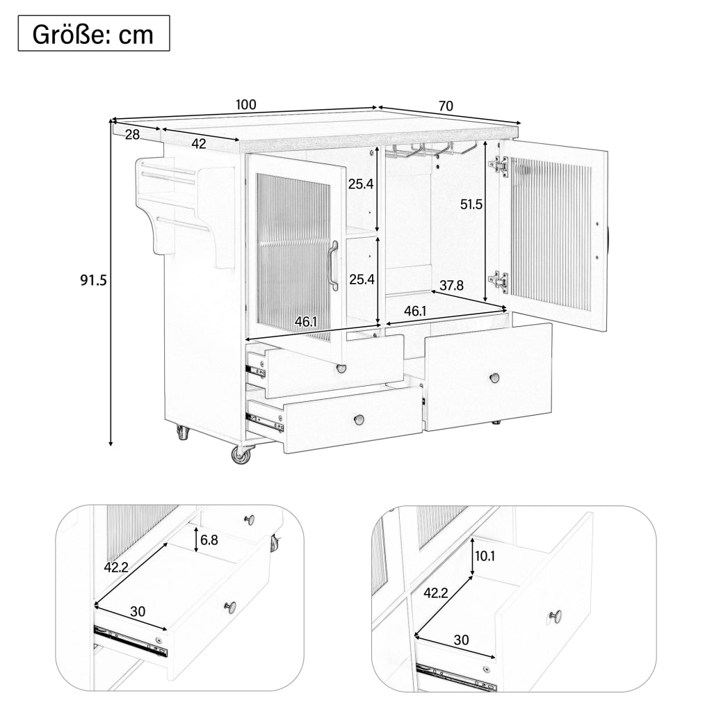 Carrello da cucina con 2 ante; cassetti; piano ribaltabile; portaasciugamani e portabicchieri; in MDF; 100 x 42-70 x 91;5 cm