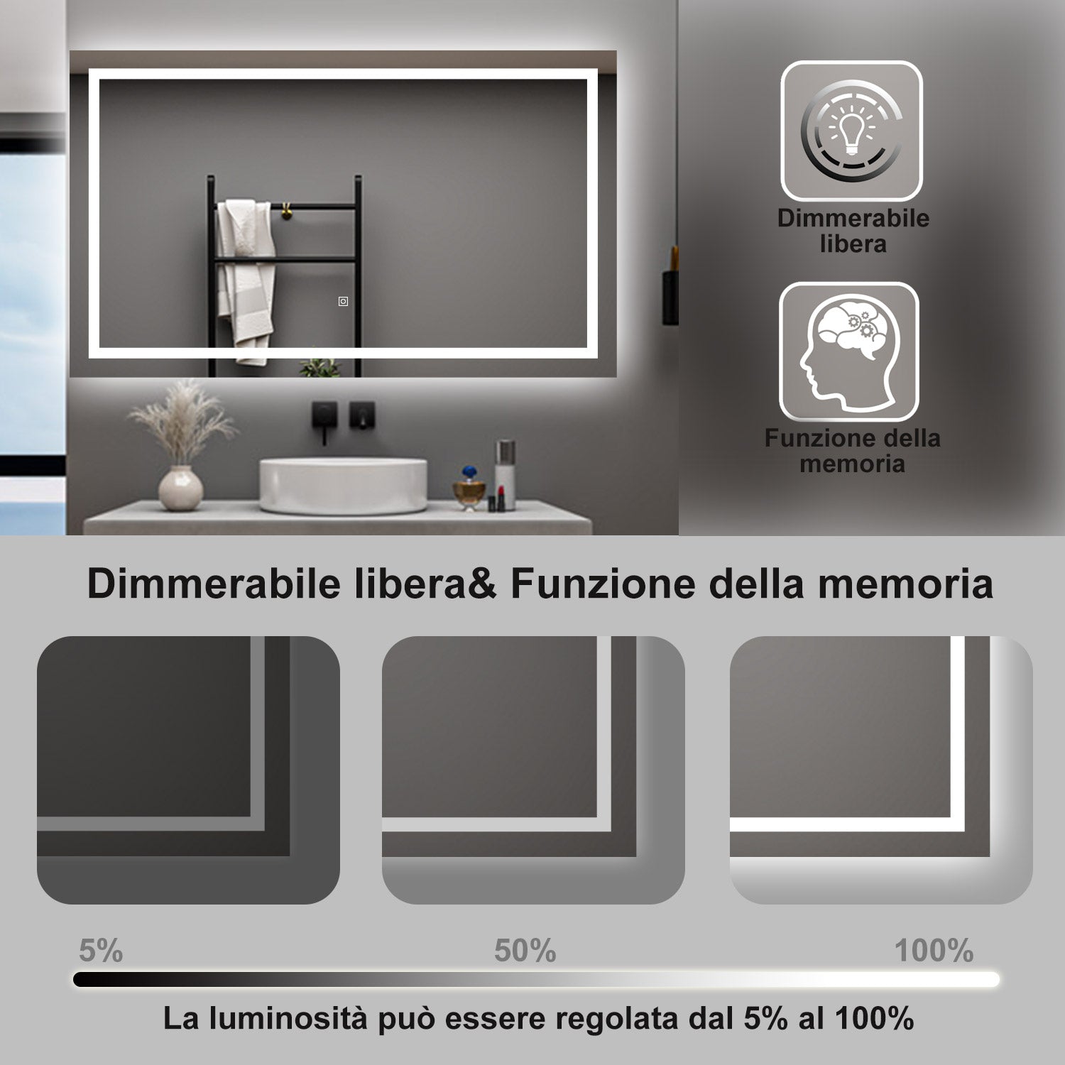AICA Specchio da bagno  80 x 60 cm, dimmerabile, interruttore touch, Funzione Memoria, antiappannamento