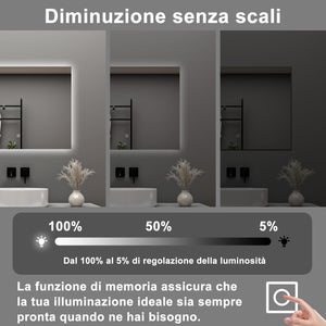 AICA Specchio da bagno 80 x 60 cm, antiappannamento, dimmerabile, interruttore touch, Funzione Memoria