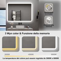 AICA Specchio da bagno  80 x 60 cm, dimmerabile, Blue tooth, Funzione Memoria, antiappannamento, 3 colori