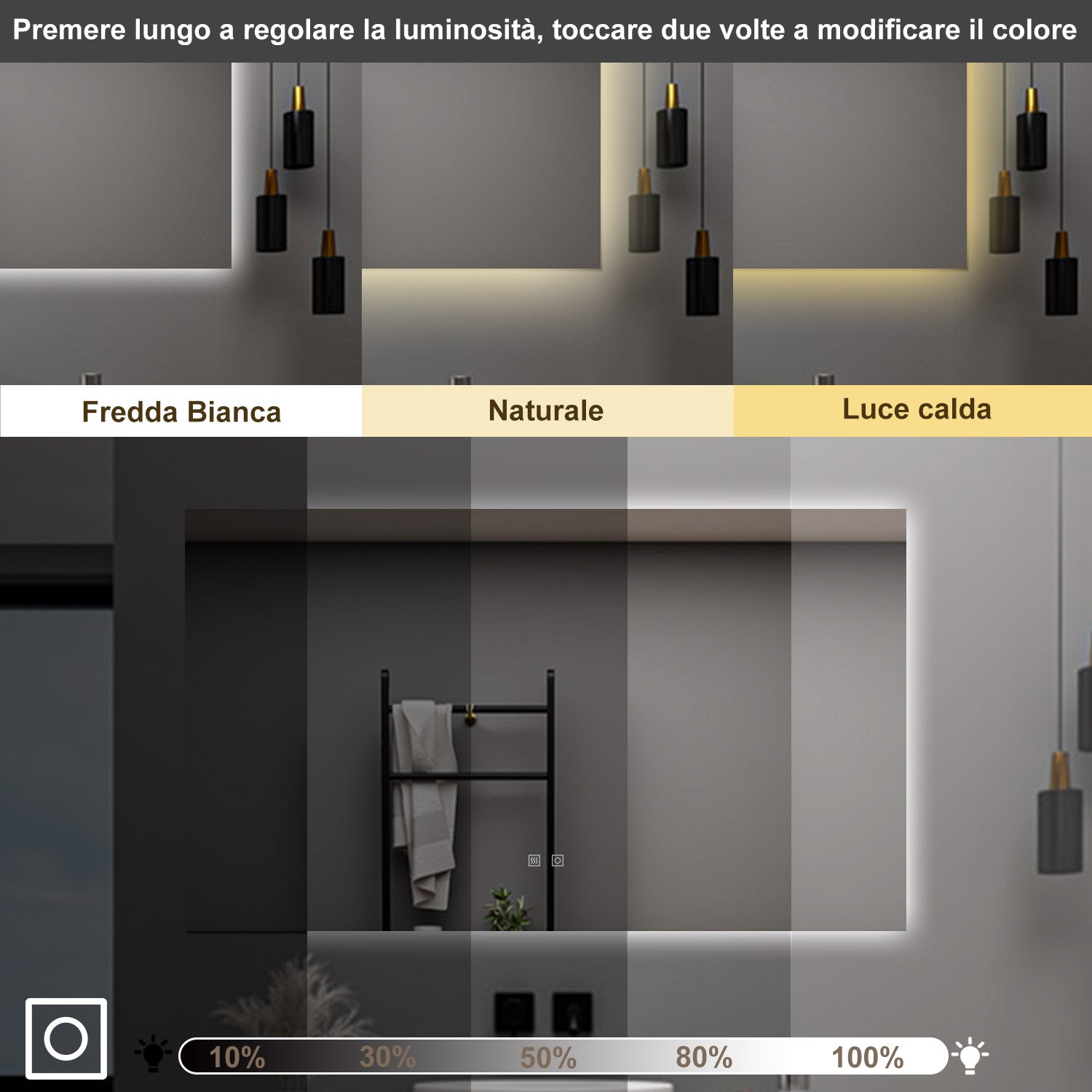 AICA Specchio da bagno 80 x 60 cm, dimmerabile, Funzione Memoria, antiappannamento, 3 colori