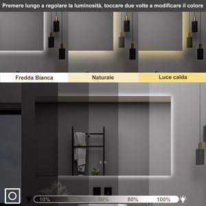 AICA Specchio da bagno 80 x 60 cm, dimmerabile, Funzione Memoria, antiappannamento, 3 colori