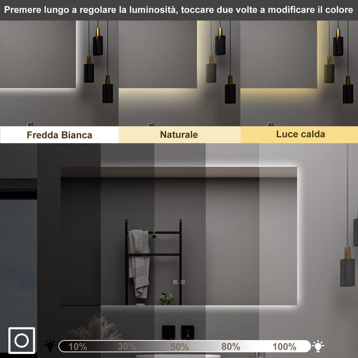 AICA Specchio da bagno 80 x 60 cm, dimmerabile, Funzione Memoria, antiappannamento, 3 colori