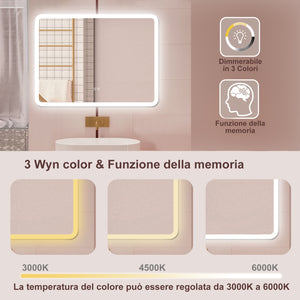 AICA Specchio da bagno  100 x 60 cm, dimmerabile, Blue tooth, Funzione Memoria, antiappannamento, 3 colori