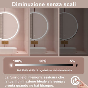 AICA Specchio da bagno 70 x 70 cm, antiappannamento, dimmerabile, interruttore touch, Funzione Memoria