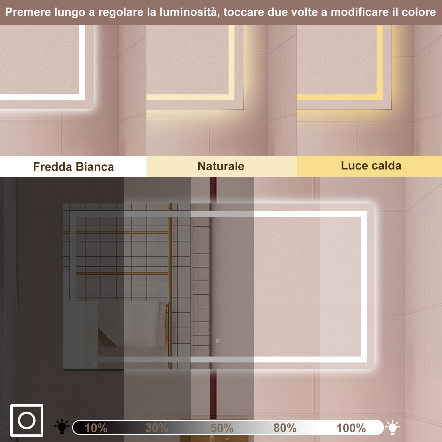 AICA Specchio da bagno  70 x 50 cm, dimmerabile, interruttore touch, Funzione Memoria, antiappannamento, 3 colori