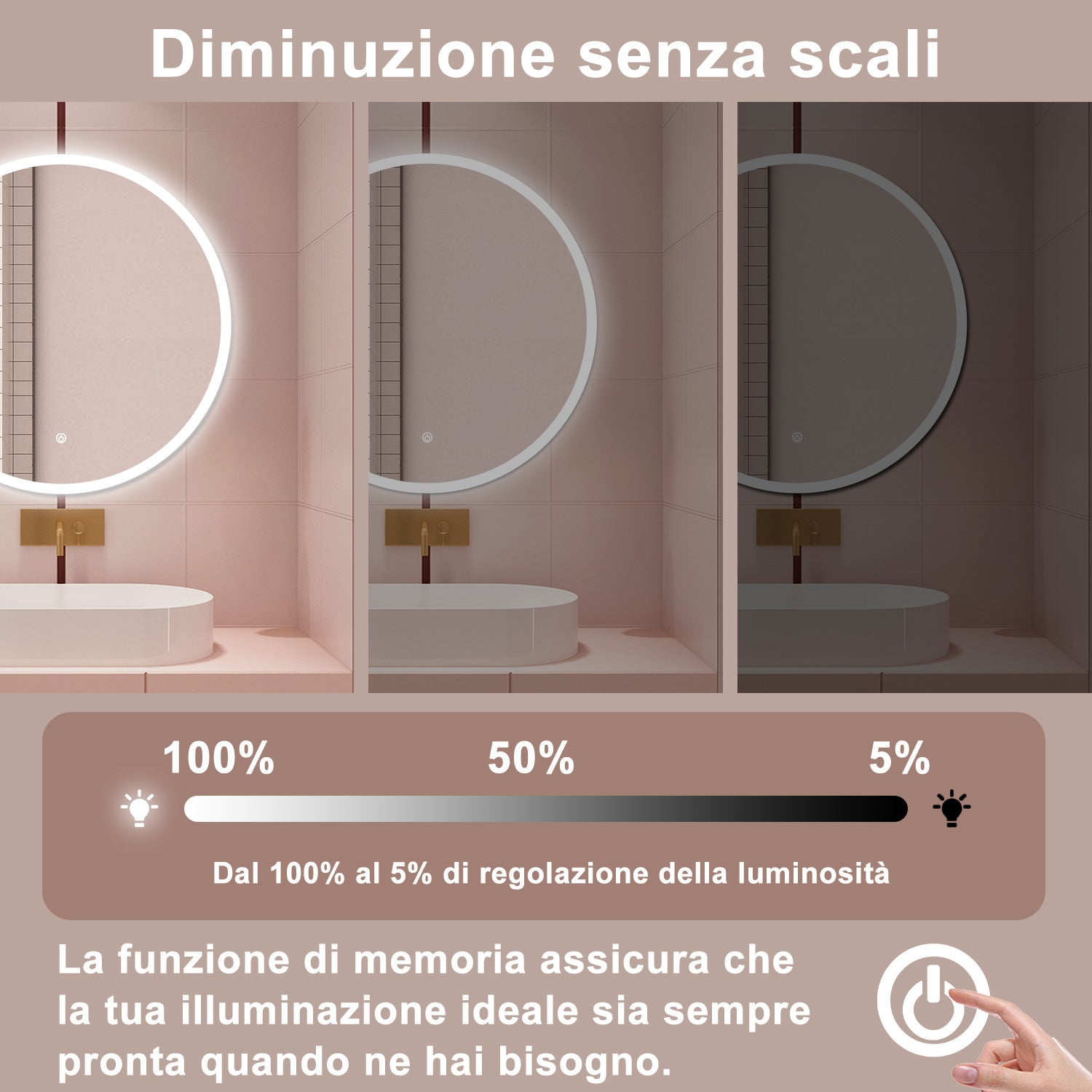 AICA Specchio da bagno 90 x 90 cm, antiappannamento, dimmerabile, interruttore touch, Funzione Memoria