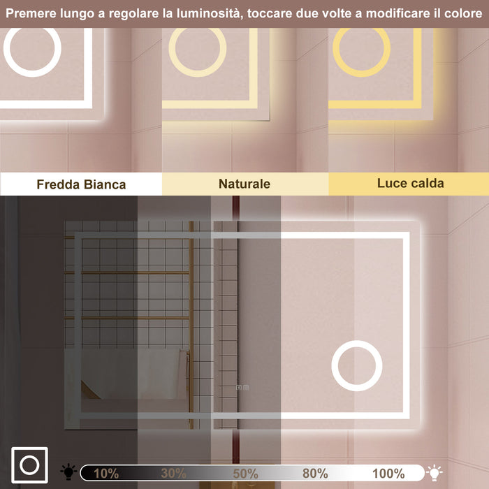 AICA Specchio da bagno  80 x 60 cm, dimmerabile, Blue tooth, Funzione Memoria, antiappannamento, 3 colori, Magnificatore