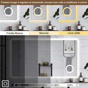 AICA Specchio da bagno  60 x 80 cm, dimmerabile, Blue tooth, Funzione Memoria, antiappannamento, 3 colori, Magnificatore