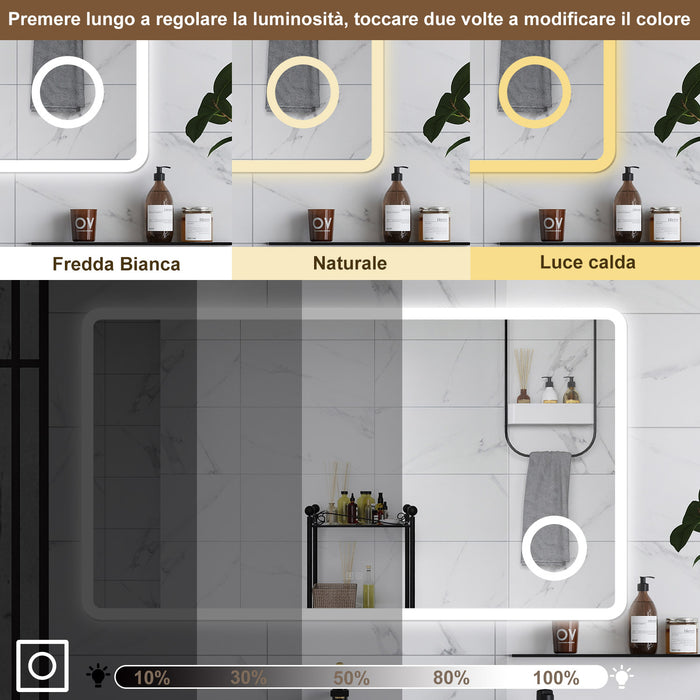 AICA Specchio da bagno  60 x 80 cm, dimmerabile, Blue tooth, Funzione Memoria, antiappannamento, 3 colori, Magnificatore