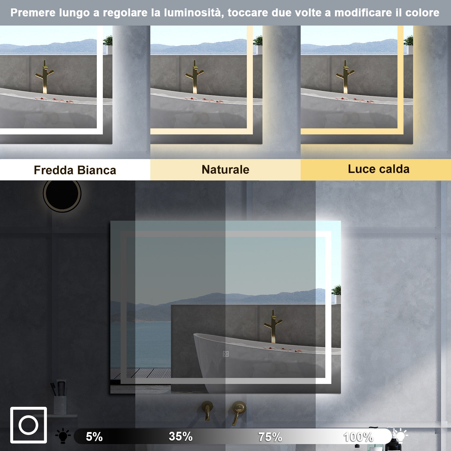 Specchio da bagno Rettangolare con 120x80cm,3 colori,Memoria, Antifog,Regorabile,Retroilluminato,doppio interruttore,