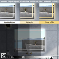 Specchio da bagno Rettangolare con 120x80cm,3 colori,Memoria, Antifog,Regorabile,Retroilluminato,doppio interruttore,