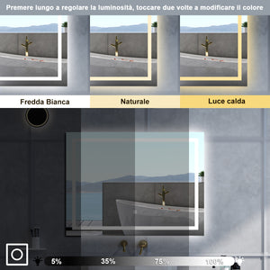 Specchio da bagno Rettangolare con 120x80cm,3 colori,Memoria, Antifog,Regorabile,Retroilluminato,doppio interruttore,