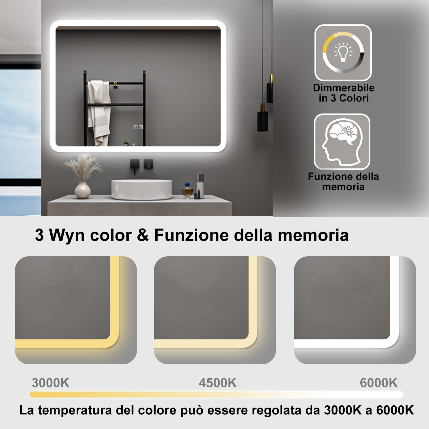 AICA Specchio da bagno  100 x 60 cm, dimmerabile, Blue tooth, Funzione Memoria, antiappannamento, 3 colori