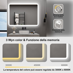 AICA Specchio da bagno  100 x 60 cm, dimmerabile, Blue tooth, Funzione Memoria, antiappannamento, 3 colori