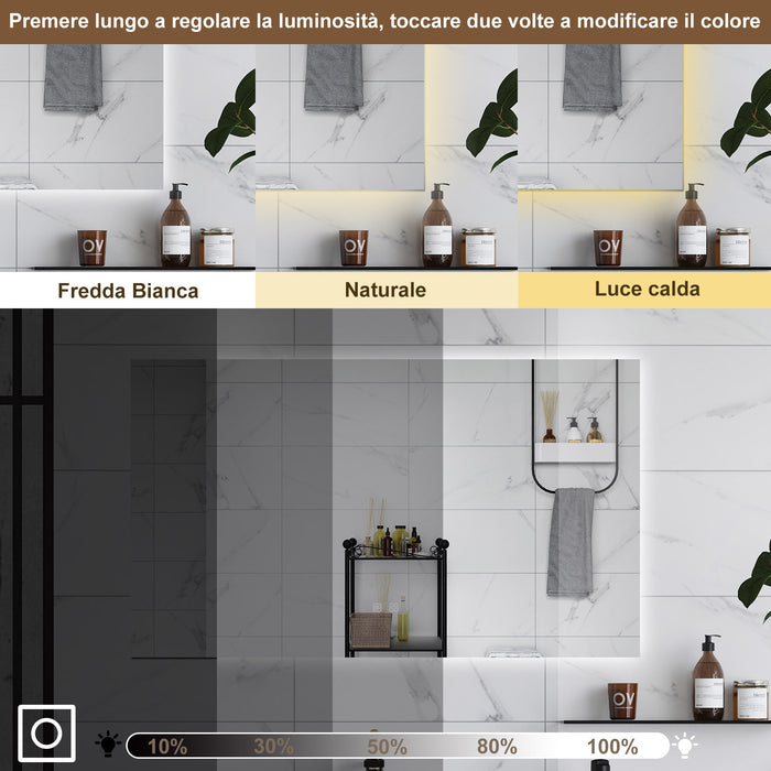 AICA Specchio da bagno  100 x 60 cm, dimmerabile, Funzione Memoria, antiappannamento, 3 colori