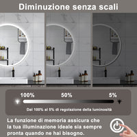 AICA Specchio da bagno 70 x 70 cm, antiappannamento, dimmerabile, interruttore touch, Funzione Memoria