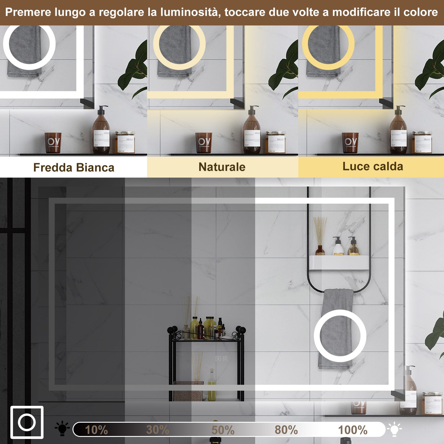 AICA Specchio da bagno  80 x 60 cm, dimmerabile, Blue tooth, Funzione Memoria, antiappannamento, 3 colori, Magnificatore