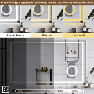 AICA Specchio da bagno  80 x 60 cm, dimmerabile, Blue tooth, Funzione Memoria, antiappannamento, 3 colori, Magnificatore