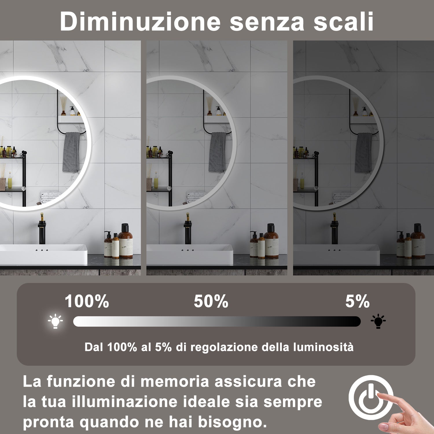 AICA Specchio da bagno 90 x 90 cm, antiappannamento, dimmerabile, interruttore touch, Funzione Memoria