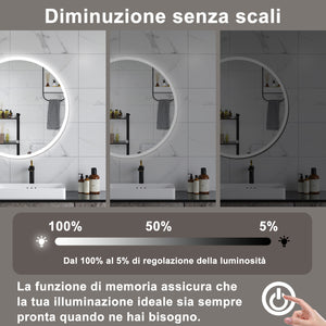 AICA Specchio da bagno 90 x 90 cm, antiappannamento, dimmerabile, interruttore touch, Funzione Memoria