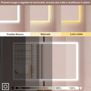 AICA Specchio da bagno  80 x 60 cm, dimmerabile, Funzione Memoria, antiappannamento, 3 colori