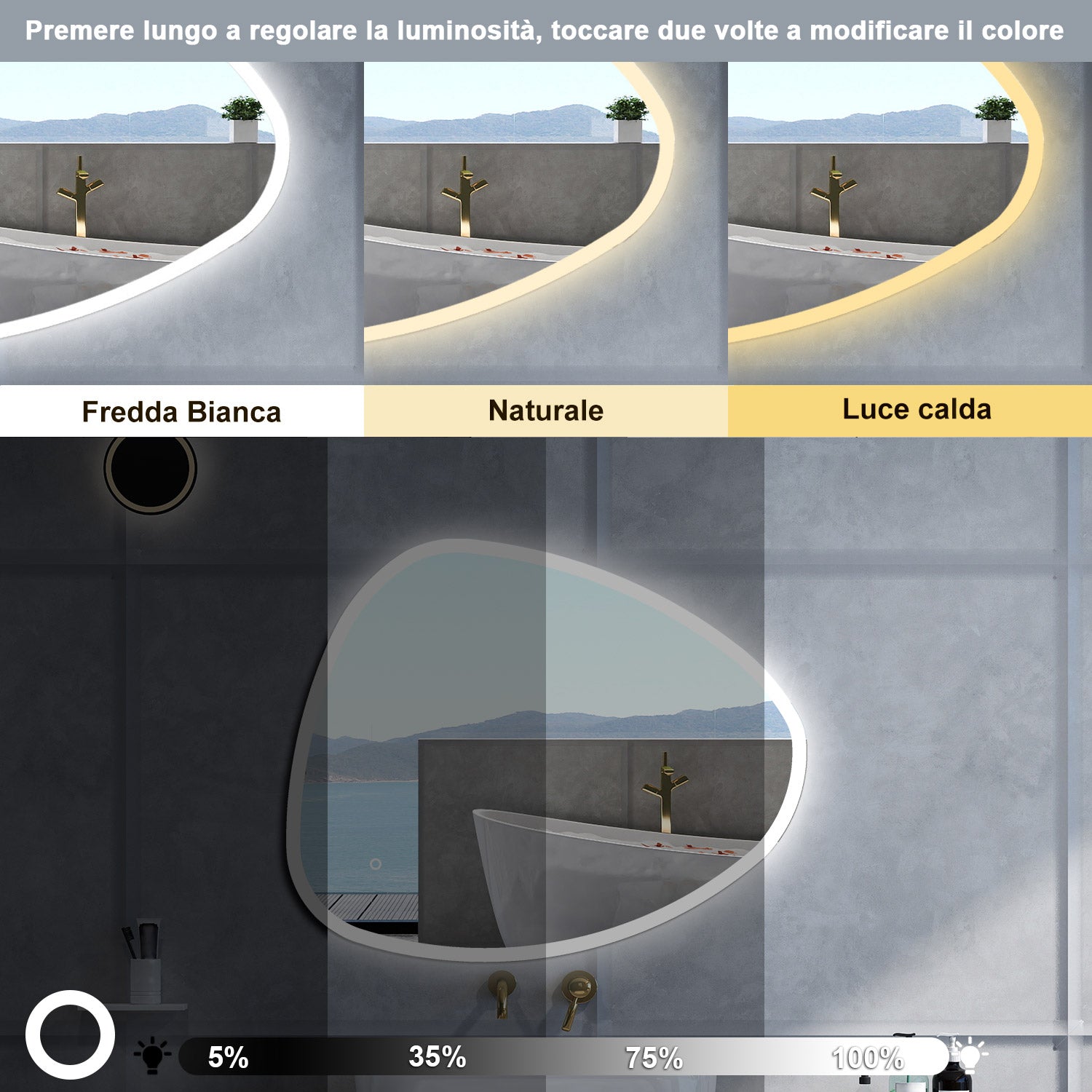 Specchio da bagno Asimmetrico con 80x650cm,3 colori,Memoria, Antifog,Regorabile,Retroilluminato,doppio interruttore,