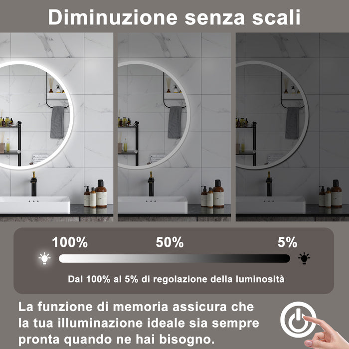 AICA Specchio da bagno 120 x 120 cm, antiappannamento, dimmerabile, interruttore touch, Funzione Memoria