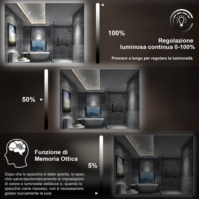 80 x 60 cm,AICA Specchio da Bagno LED con Luce, memoria, antiappannamento,CRI>90,autospegnimento,interruttore touch