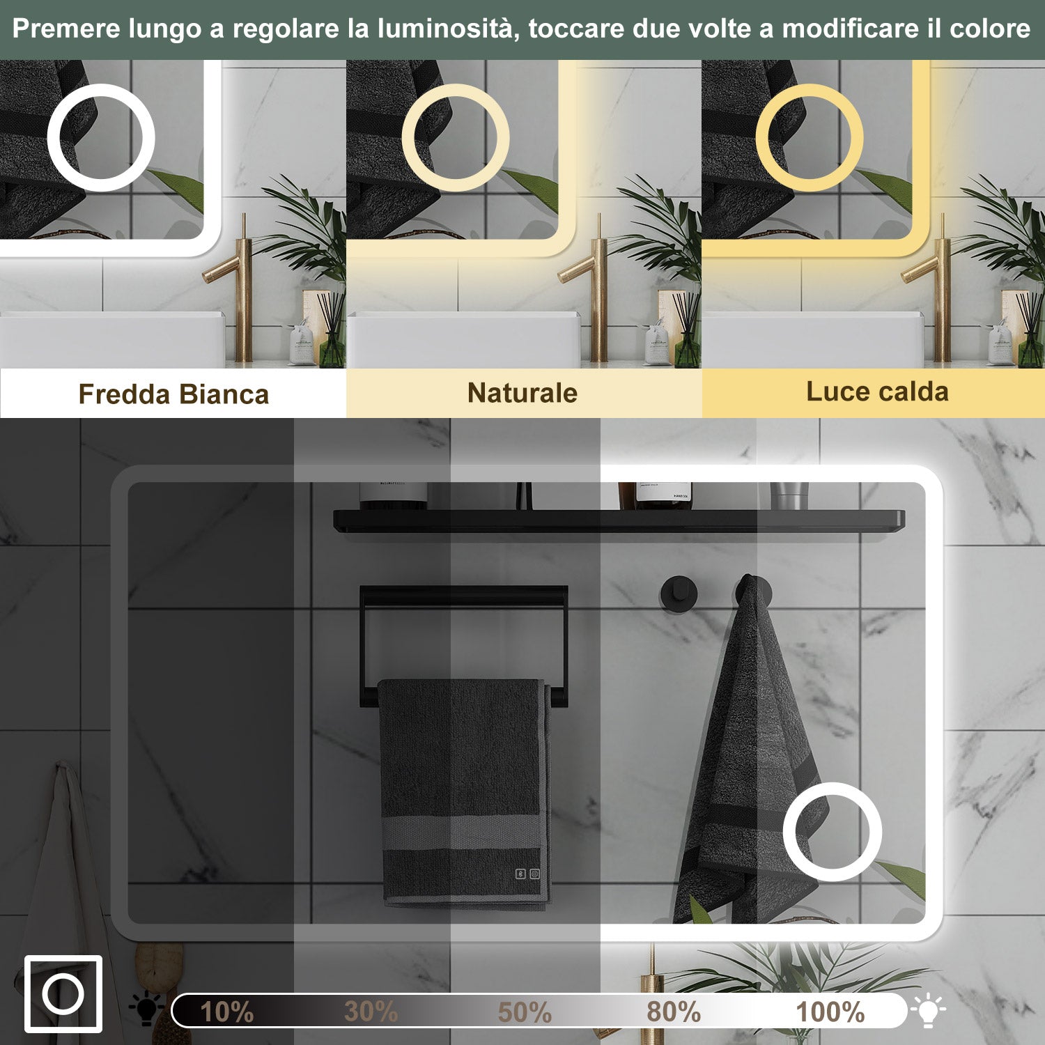 AICA Specchio da bagno  60 x 80 cm, dimmerabile, Blue tooth, Funzione Memoria, antiappannamento, 3 colori, Magnificatore