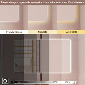 AICA Specchio da bagno 80 x 60 cm, dimmerabile, Funzione Memoria, antiappannamento, 3 colori