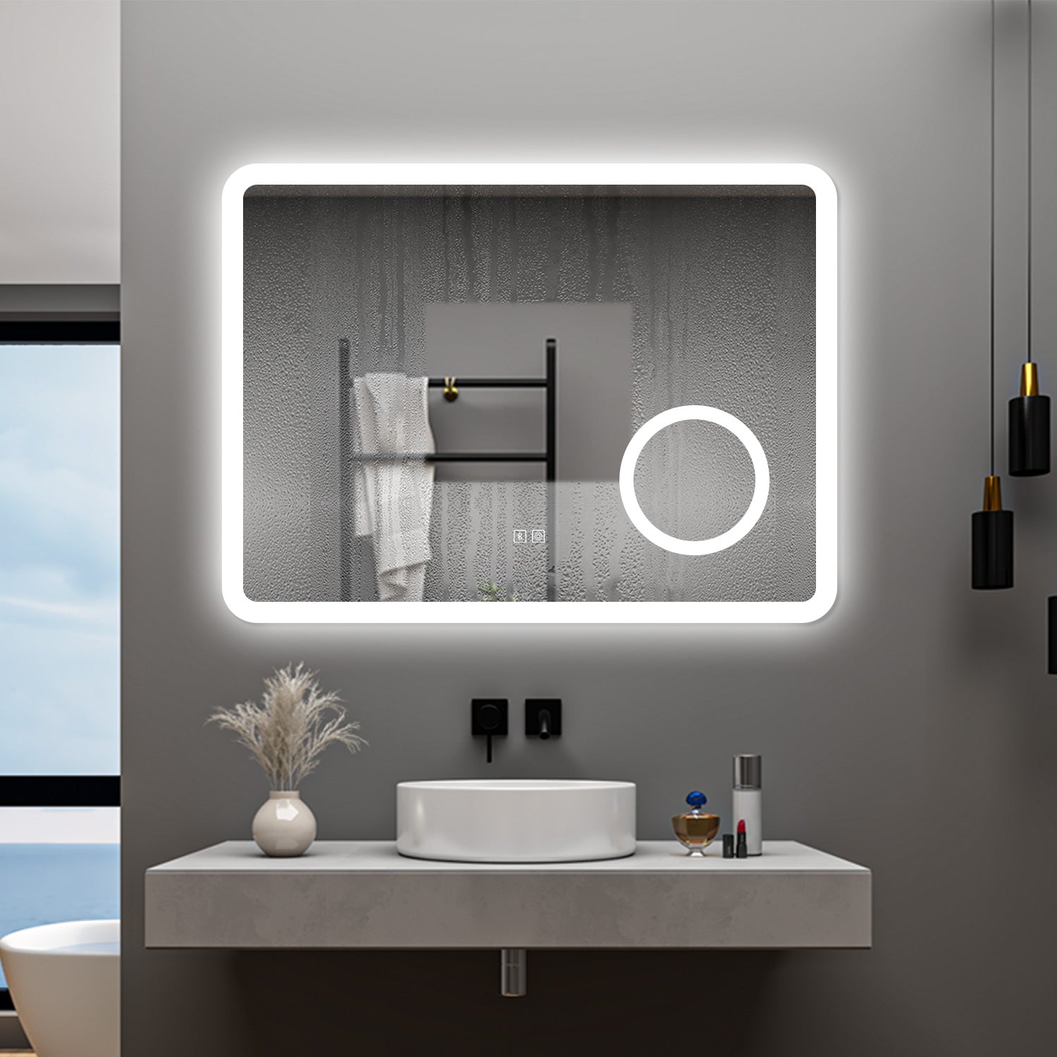 AICA Specchio da bagno  60 x 80 cm, dimmerabile, Blue tooth, Funzione Memoria, antiappannamento, 3 colori, Magnificatore