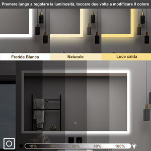 AICA Specchio da bagno  90 x 70 cm, dimmerabile, Funzione Memoria, antiappannamento, 3 colori