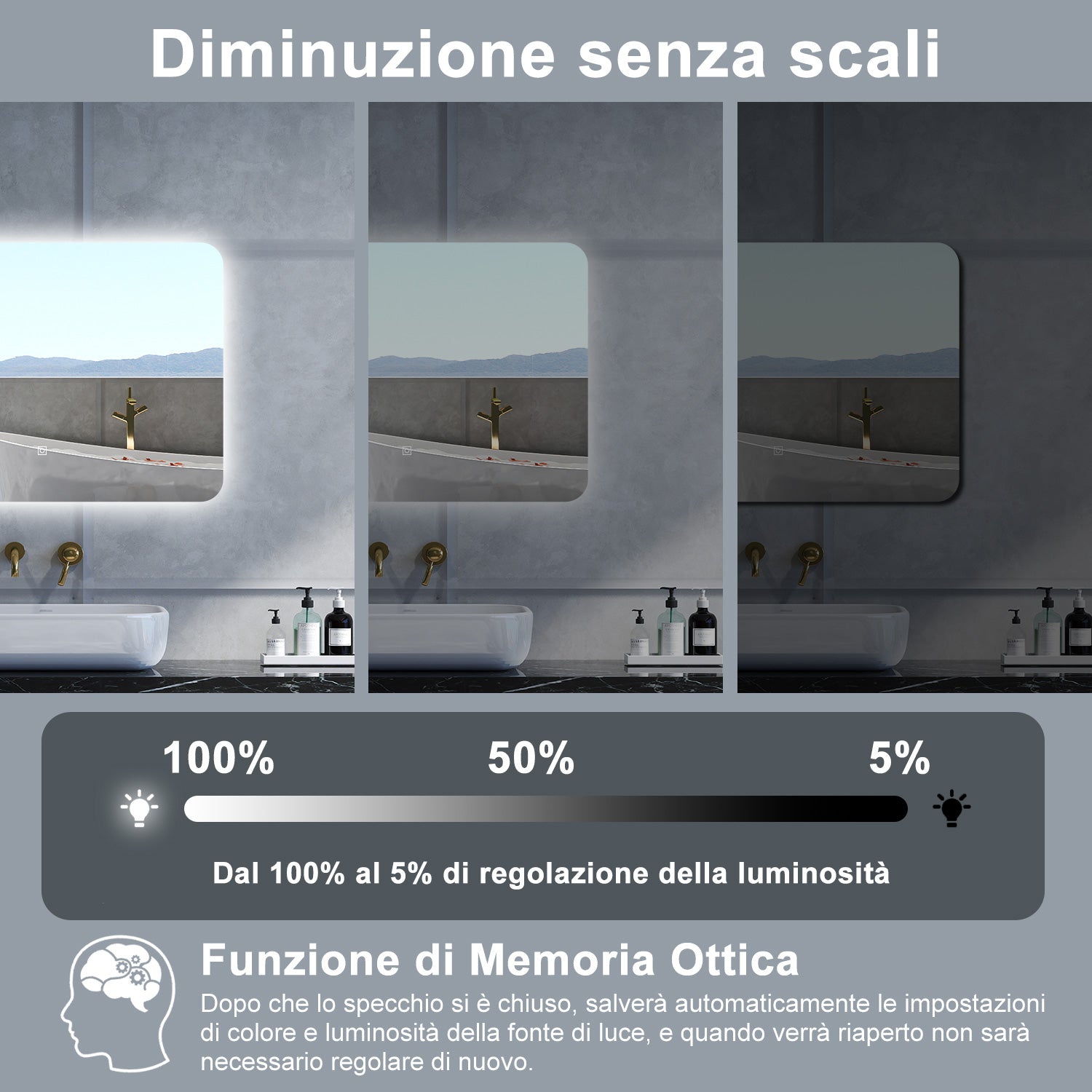 Specchio da bagno Rettangolare con 70x50cm,Memoria,Regorabile,Retroilluminato,doppio interruttore,HD temperato