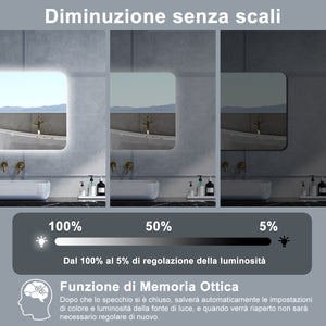 Specchio da bagno Rettangolare con 70x50cm,Memoria,Regorabile,Retroilluminato,doppio interruttore,HD temperato