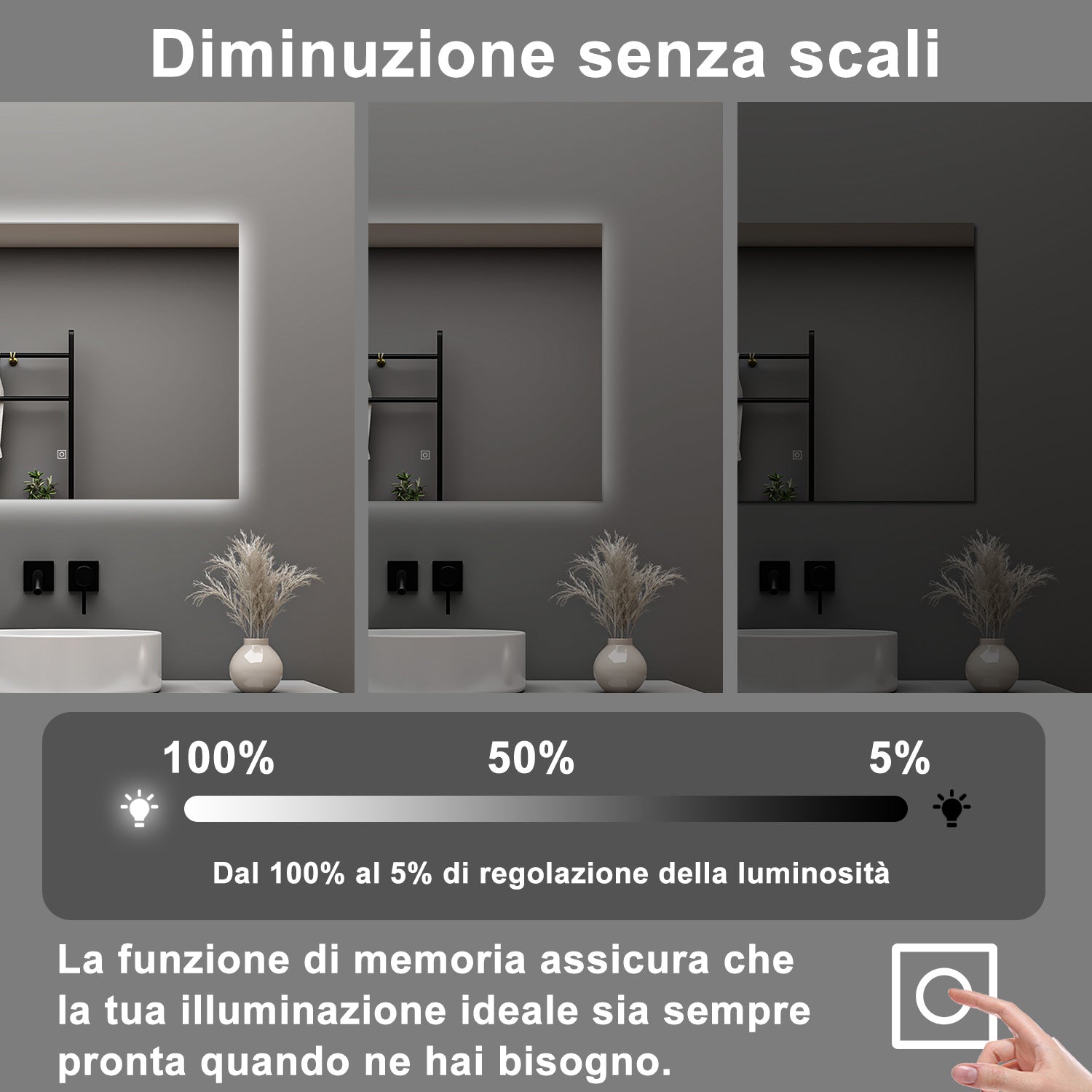 AICA Specchio da bagno 100 x 60 cm, antiappannamento, dimmerabile, interruttore touch, Funzione Memoria