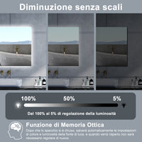 Specchio da bagno Rettangolare con 90x70cm,Memoria, Antifog,Regorabile,Retroilluminato,doppio interruttore,
