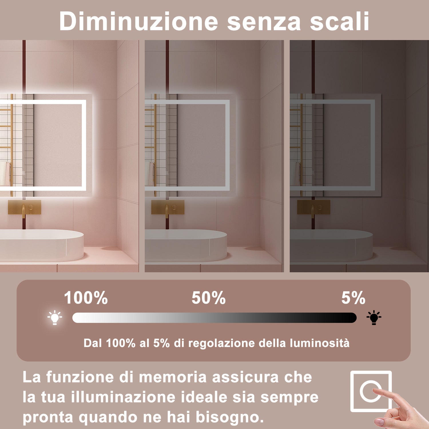 AICA Specchio da bagno  80 x 60 cm, dimmerabile, interruttore touch, Funzione Memoria, antiappannamento