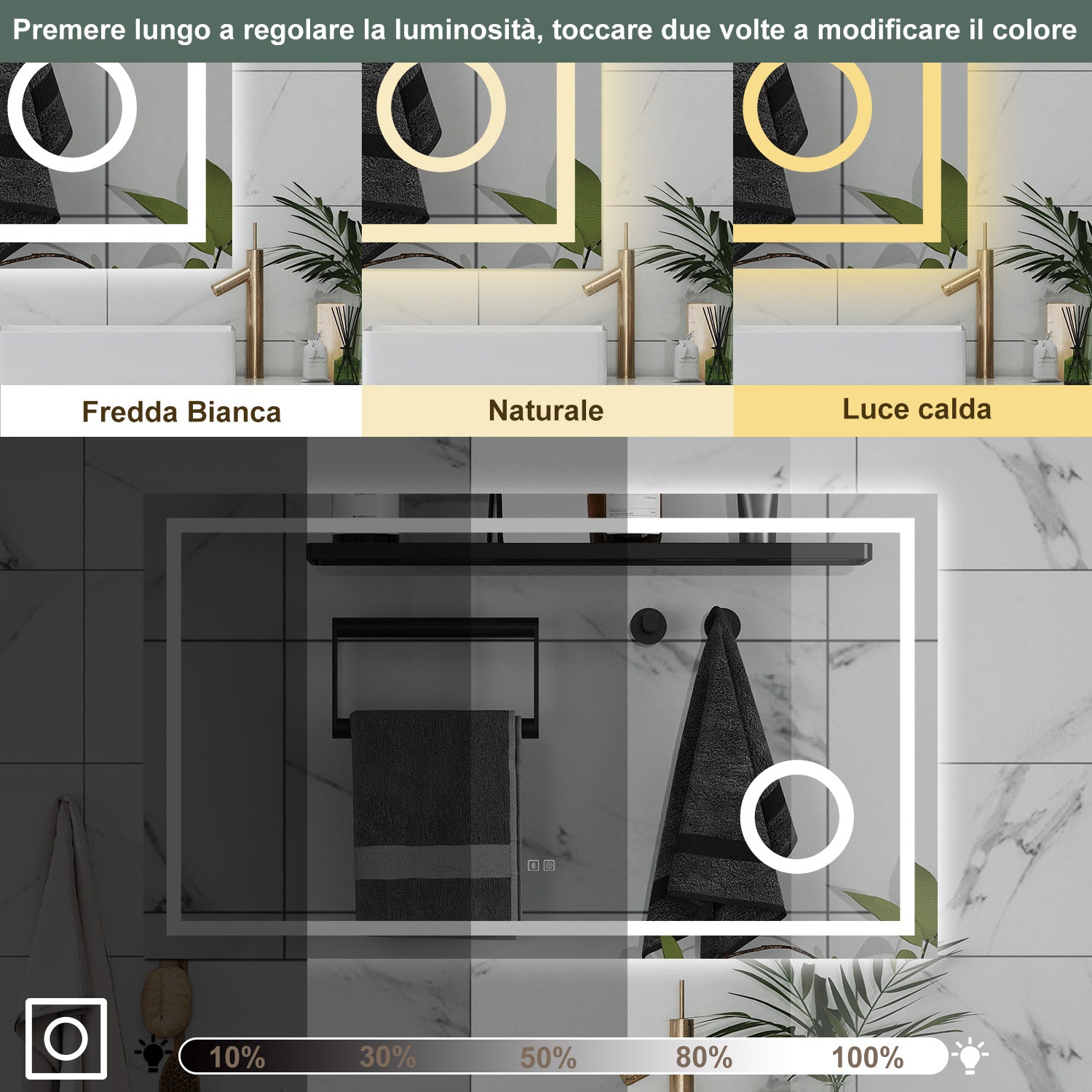 AICA Specchio da bagno  80 x 60 cm, dimmerabile, Blue tooth, Funzione Memoria, antiappannamento, 3 colori, Magnificatore